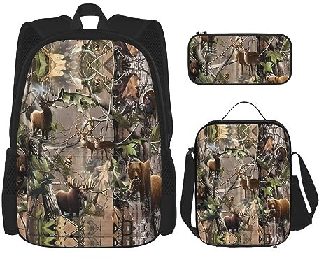 Robuster und modischer Taschen-Rucksack, Umhängetasche, Lunch-Tasche, Stifttaschenset – leichtes Oxford-Gewebe, Wildtierjagd, Hirsch, Bär, Elch, Schwarz , One size