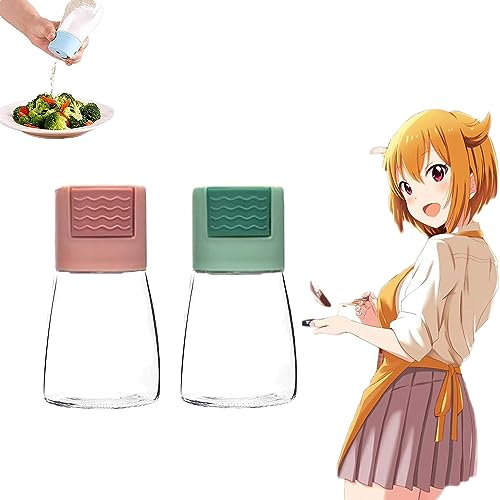 Salt and Pepper Shakers Precise Quantitative Push Type,0.5g Metering Salt Shaker,Quantitative Seasoning Tank,Measuring Salt and Pepper Shakers Glass,Kitchen Must Haves 2023 (2PCS Pink+Green)