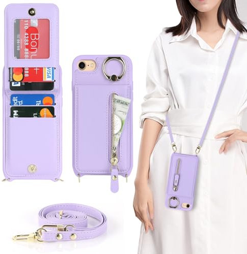 Zouzt for iPhone SE 2022/2020/3rd/2rd / iPhone 8/7 4.7 Inch Case with Cord and Card Holde, Zipper Wallet Case with Crossbody Lanyard Ring Adjustable Necklace Protective Cover Women - Purple