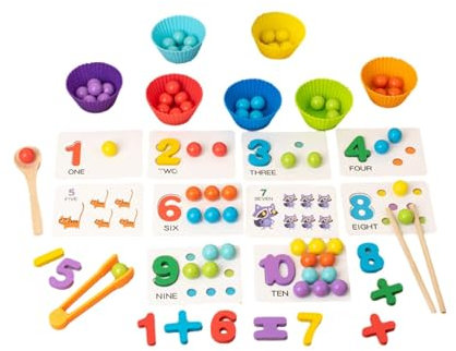 Amagogo Rainbow Clip Bead Puzzle Wooden Rainbow Balls in Cups, Number Cognition, Color Sorting, Fine Motor Skills Educational Game Set for Toddler and Kid