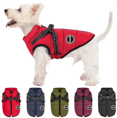 V.PET.B.R Hunde-Wintermantel, warme Hundejacke, gepolsterte Fleece-Hundeweste mit integriertem Geschirr, wasserdicht, winddicht, reflektierend, gemütlich, verstellbar, mit Reißverschluss für kleine