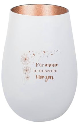 Der-Porzellan-Laden Windlicht mit Gravur Für Immer in unserem Herzen, Weiß Bronze, Teelichthalter aus Glas mit Spruch, Tischdeko modern