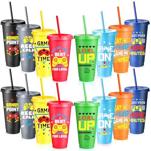 Potchen 16 Pcs Video Game Party Favor Plastic Cups with Lids and Straws Gaming Birthday Decorations 24 oz Gamer Reusable Tumbler Water Mug for Adults Video Supplies (Colorful)