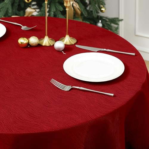 Softalker Weihnachts Tischdecke rund 140 rot abwaschbar Wasserabweisend Jacquard-Wellenmuster Abwischbar Fleckschutz rundes Tischtuch für Outdoor Party Geburtstag Silvester Fest Garten