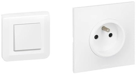 Legrand - Interrupteur ou va-et-vient Mosaic 10A blanc complet avec plaque et fixation à vis & Prise Electrique Murale avec Terre Neptune - Prise 2P+T Monobloc - Fixation à Griffes/Vis - Blanc