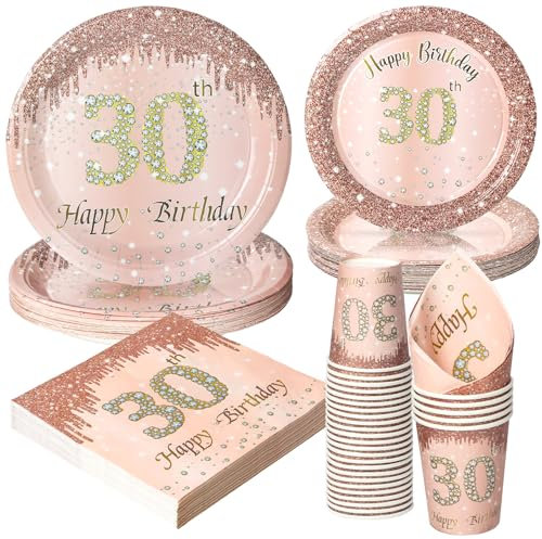 PARTY GO 96 Pcs Happy 30th Birthday Tableware Set, Rose Gold Paper Plates Cups and Napkins, Disposable Dinnerware Party Decorations for Women,Men 30th Birthday Party Supplies Serve 24 Guests
