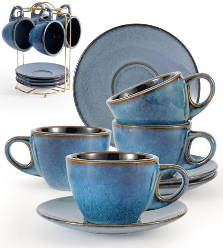 Futelang 237ml Cappuccinotassen 4er-Set - Dickwandige, isolierte, lagerfähige Kaffeetassen und Untertassen aus Keramik mit Ständer, perfekt für Tee, Cappuccino und Latte - blau