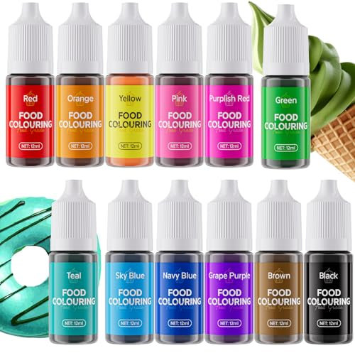 Food Colouring Set - 12 Colours x 12ml Food Colouring Liquid, Food Grade Food Dye, Concentrated Tasteless Icing Colouring for Cake Decorations, Baking, Fondant, Frosting, Easter Eggs and DIY Crafts