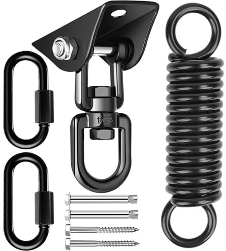 Gancio da soffitto per poltrona sospesa, girevole a 360°, carico pesante, in acciaio inox, fino a 450 kg, gancio per altalena, supporto per sacco da boxe, supporto con 2 moschettoni, per amaca nera