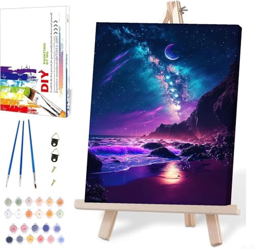 Aurore boréale Peinture par numéros pour adultes avec toile encadrée avec chevalet en bois, peinture par numéro sur toile, kit de peinture à l'huile acrylique avec pinceaux, jolie boîte cadeau pour