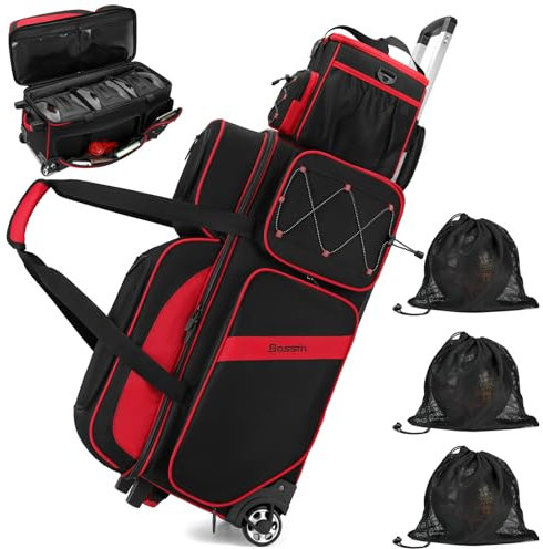 BOSSTIN Bowlingtaschen mit Rollen, sicherer Klettverschluss und Schuhfach (passend für Größe 44), Rolle mit mehreren Taschen