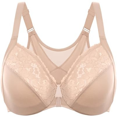 Delimira Women's Front Fastening Bras Posture Lace Underwire Unlined Full Coverage Plus Size Beige 38F
