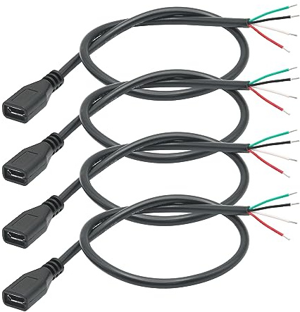 Riertostng Lot de 4 câbles courts Micro USB femelles 4 broches Bare Wire 11 pouces, 24 AWG 5 V/2 A 4 broches Pigtail Open End Alimentation et câble de données, pour appareils USB installés ou