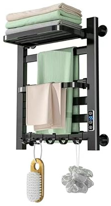 Könighaus Badheizkörper 130 W - Handtuchwärmer - Schwarz | Hygienetrockner, rostfreies Aluminium, 5 Haken, klappbarer Bügel, Digitalanzeige