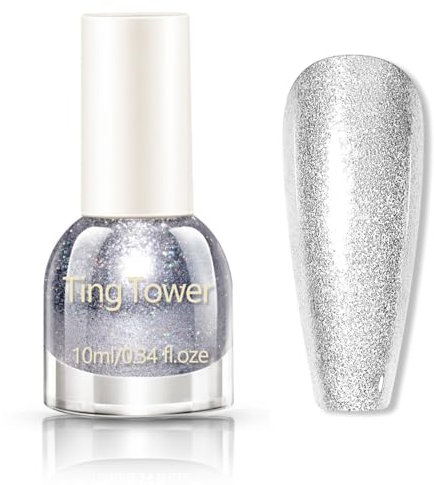 Silver Nail Polish - Glitter Nail Varnish - 60 Second Nail Varnish Quick Dry - Rainbow Shimmer Nail Polish - Nail Art Starter Manicure Salon DIY at Home, 10ML