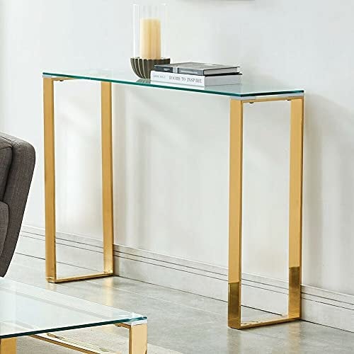 Moderna mesa de centro de cristal con patas de metal dorado para decoración de sala de estar