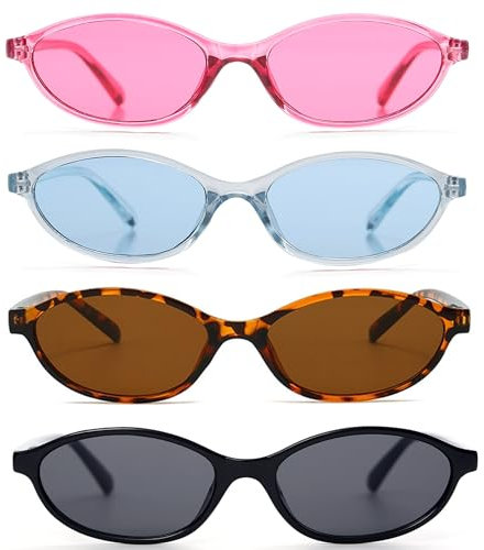 FSMILING 4 Stück Ovale Retro Sonnenbrille Damen Cateye Vintange Sonnenbrille Oval Trendy 90er Klein Schmal Katzenaugen Sunglasses