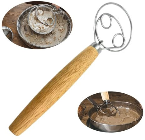 Danish Dough Whisk Large,9.57 Inch Dutch Whisk,Danish Dough Whisk with Wooden Handle,for Dough Bread Cake Pizza and Biscuits
