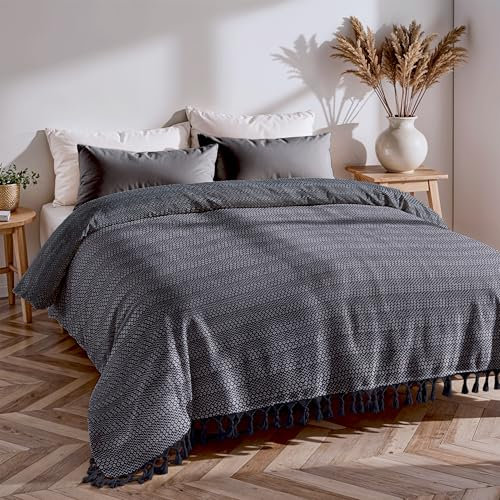Loomvia Tagesdecke 200x220 cm aus 100% Baumwolle | Anthrazit | Weiche Baumwolldecke als Kuscheldecke, Bettüberwurf & Sofa Überwurf | Decke Baumwolle für Couch & Bett | Boho Decke
