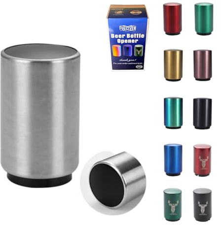 FUGYTVEN Push Down Bottle Opener | Automatic 304 Steel | One-Handed & No Damage | Beer/Soda Cap Remover & Magnet Catcher | Ultimate Gift for Men, Dad, Beer Lovers (Black Silvery)