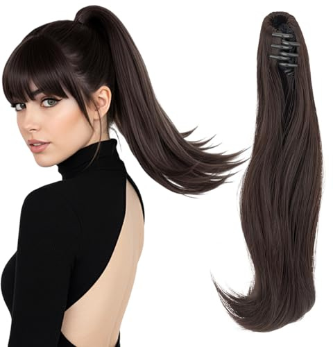Silk-co Gewellter Pferdeschwanz mit Klammer, Synthetische Lange Lockige Haarverlängerung mit Kleinem Clip, Natürliches Ponytail Zopf Extension Haarteil für Damen Dunkelbraun 40cm