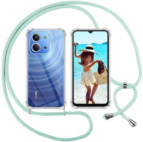 ISOI Funda con Cuerda para Xiaomi Redmi 15C 4G/5G, Carcasa Transparente TPU Suave Silicona Case con Correa Colgante Ajustable Collar Correa de Cuello Cadena Cordón, Verde