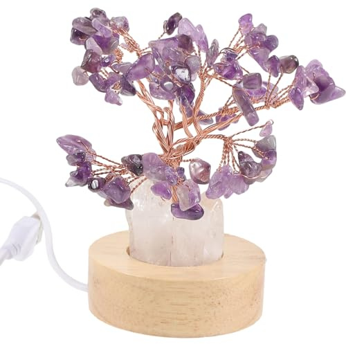 Garneck Veilleuse Arbre Améthyste Compacte En Cristal Socle En Bois, Lampe De Chevet Décorative, Petite Veilleuse De Chambre Pour Ambiance Chaleureuse