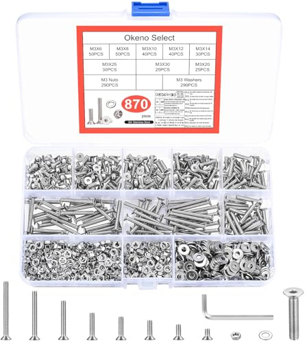 870 Stück M3 Schrauben Set, M3 Senkkopfschrauben Muttern Set, Innensechskant Flachkopfschrauben mit Muttern Sets, Edelstahl Innensechskantschrauben und Unterlegscheiben, Gewindeschrauben Sortiment