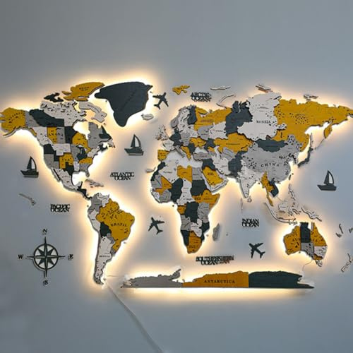 GDBTDL 3D LED Weltkarte Wanddekoration aus Holz und Acryl, Beleuchtete Weltkarte Wandbild Großformat, Modernes Reise Wandkunst Geschenk für Wohnzimmer und Büro