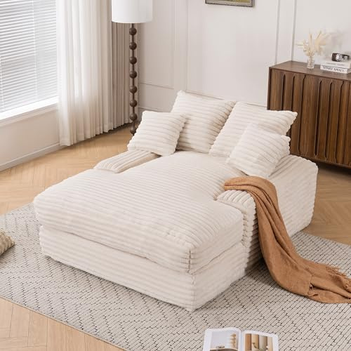 A ALFRESCOOL 175 cm Chaiselongue Loungesofa, Boneless Bodensofa & Schlafsofa mit Schlaffunktion mit 4 Kissen, ohne Montage, Platzsparendes Cloud Sofa für Wohnzimmer, Apartment, Beige