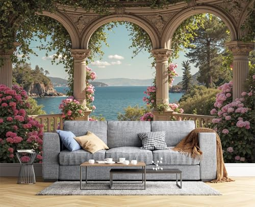 Fototapete Schlafzimmer Das Meer Garten Balkon Rosen 3D Druck Vliestapete, ‎150x105cm (B×H) Wandtapete Wandbilder, für Wohnzimmer, Kinderzimmer, TV Hintergrund Mischfarbe Tapete