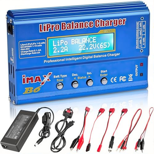 Lipo Battery Charger, 80W 6A Lipo Battery Balance Charger, RC Battery Charger with Power Adapter for LiPo, Li-ion, NiMH, Li-ion, Li-Fe, NiCd, RC Hobby, Pb Blue