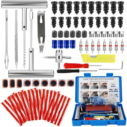 Reifenreparaturset 95 Teiliges Reifen Flickset Auto Profi Heavy Duty Reifen Reparaturset Flickzeug für Motorräder Autos Fahrräder und mehr
