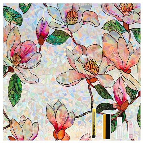 Conkov Fensterfolie Blickdicht Selbsthaftend, Bunt Sichtschutzfolie Regenbogen Statisch Haftend Folie Fenster Anti-UV Sonnenschutzfolie für Wohnzimmer Küche, Magnolie 75 x 400cm