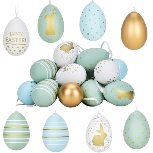 24 Ostereier aus Kunststoff mit Schnur, perfekte Osterdekoration zum Aufhängen im Freien, Ostereier in 3 Farben, Gold, Hellblau, Hellgrün, Weiß, 6 cm x 4 cm große in 7 verschiedenen Designs
