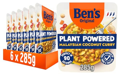 Ben's Original Plant Powered Malaysian Coconut Curry, 6 x 285g, Multipack | Malaysian Coconut Curry Slow Cooked Chickpeas, quick and easy vegetarian microwave meal, serves 1