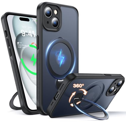 FNDMIL 360° Spin Magnetic Stand for iPhone 15 Case Compatible with MagSafe | Invisible Kickstand, Full Camera Protection, Non-Slip Texture, Military Shockproof, Translucent Matte Slim,Black
