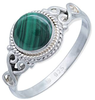 mantraroma Damenring echt Silber schlicht mit rundem Malachit indisch