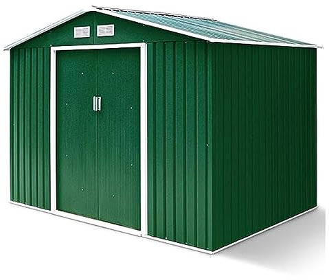 GOPLUS Metall Gerätehaus 213 x 127 x 185 cm, Gartenhaus mit Schiebetür & Fundament & Fenster, Geräteschuppen für Geräte & Werkzeuge, 2,37 m²/4,39 m³ (Grün)