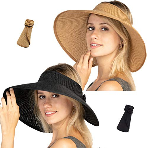 Women Sun Visors Foldable Straw Hats Summer Beach Packable Hat Floppy Wide Brim Cap Big Heads Sombrero (Black+Khaki)