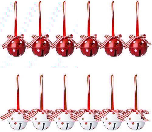 Naler 12 Stück Glöckchen Weihnachtsbaumschmuck Rot Weiß Schellen Glocke für Weihnachten Weihnachtsbaum Deko - 4 cm