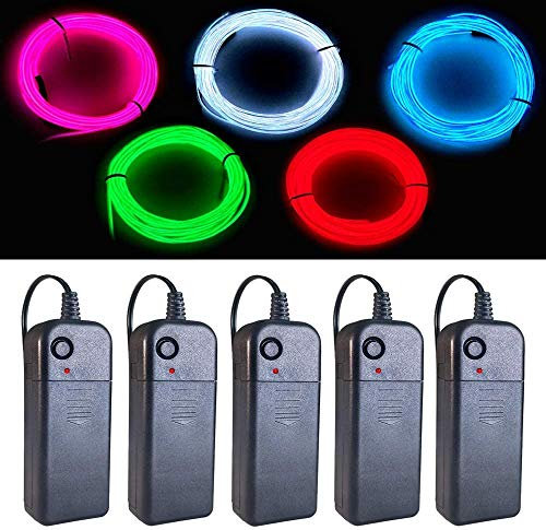 EL-Draht, 5 Farben, 2,7 m Neon-Lichtdraht, 5 Stück, Rauschunterdrückung mit Akku (grün, blau, rot, weiß, rosa) für Halloween-Dekorationen, DIY-Kostüm