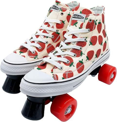 HASERD Rollschuhe für Damen mit Taschen, verstellbar, zweireihig, Segeltuch-Rollschuhe für Mädchen, Erdbeer- und Ananas-Design, Quad-Rad, hoher Canvas-Sneaker-Stil (Erdbeere, Größe 41,5)