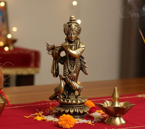 eSplanade - Messing Kishan Krishna mit Pfau Murti Idol Statue Skulptur – 12,7 cm für Pooja Mandir oder Heimdekoration
