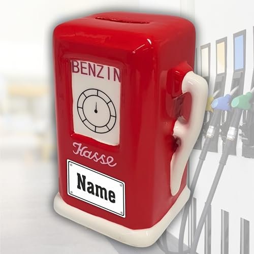 Spardose PERSONALISIERBAR - Tanksäule Benzinkasse - Mit Namen Für den nächsten Benzinkanister Tankgeld | Zapfsäule Geldgeschenk Sparschwein Sparbüchse | individualisierbar Rot