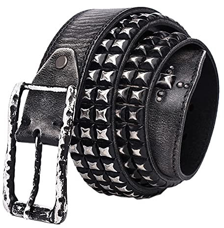 3 Reihen Pyramide Metall Nietengürtel Echtes Leder Gürtel Mit Legierung Dornschließe Herren Damen 38Cm Breit Punk Rock Style 105Cm - 125Cm Kürzbar,Schwarz,125cm/waist:42~44
