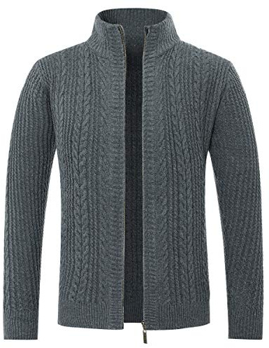 Allthemen Cardigan Homme Hiver Chaud Veste en Maille Zippé Décontracté Gilet Pull Tricoté Automne Manteau Couleur Unie avec Col Montant Gris1 3XL