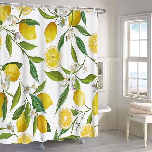 Renaiss 182.9x182.9 cm Zitronen-Duschvorhang-Set, komplett mit Früchten, Zitrone, niedliche grüne Blätter, Blumen, Pflanzen, Sommer, Mädchen, Badezimmer-Dekor