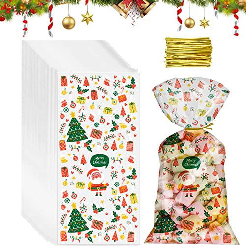 Cellophantüten, 100 Stück Weihnachten Süßigkeiten Tüten, Schneeflocke Weihnachten Plätzchentüten, Weihnachtstüten zum Befüllen, Klarsichtbeutel, Transparent Cellophantüten für Weihnachten Plätzchen