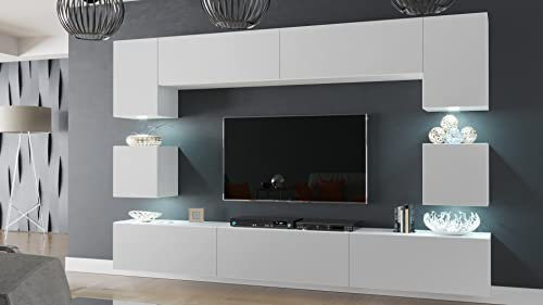 Furnitech Wohnwand Wohnzimmer Möbel (Weiß matt) mit LED RGB - 16 Farben - Hängend Wohnzimmerwand Modern - Schrankwand mit Regale und TV Schrank (Nowara AN1-17W-M53 1C Matt)
